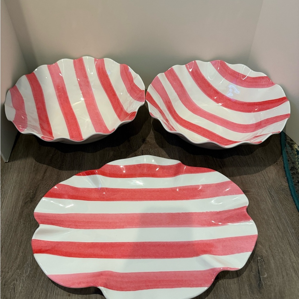 Super Cute Pink & White Striped Wavy Platter and Two Serving Bowls- NWT